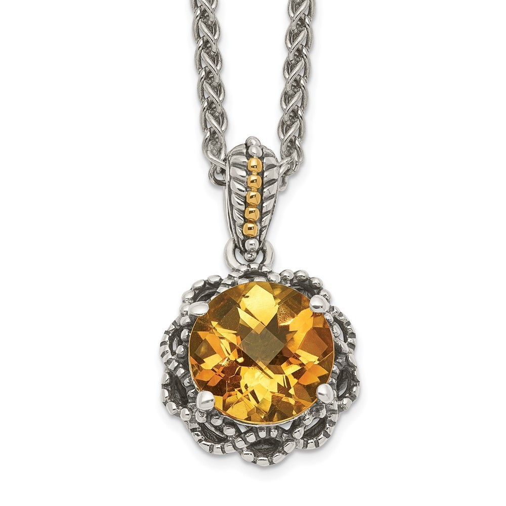 Sterling Silver 14K Accent 18 Inch Antiqued Round Citrine Necklace 18 x 13.9 mm